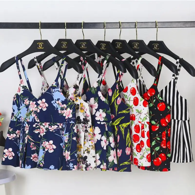 

New Women Vintage Tops 2019 Summer Casual Spaghetti Strap Sexy Crop Tops Ladies Girls Cute Floral Printed Blusa Cropped Tank Top