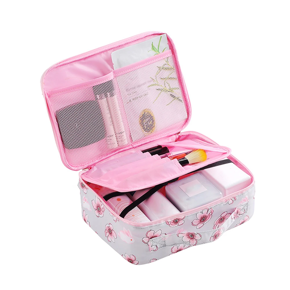 

Printed Portable Bathroom Practical Organizer Waterproof Removable Compartment Large Capacity Zipper Closure Storage Makeup Bag