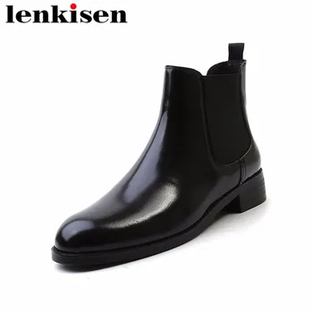 

Lenkisen classic chelsea boots round toe slip on genuine leather thick low heels plus size woman autumn winter ankle boots L06