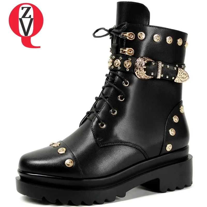 

ZVQ women shoes 2019 winter new fashion metal rivet genuine leather boots women med square heel platform zip outside ankle boots