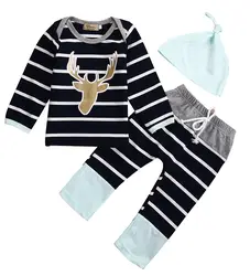 Комплекты одежды для новорожденных, малышей, девочек и мальчиков в полоску с длинными рукавами Топы с оленем; футболка+штаны; леггинсы