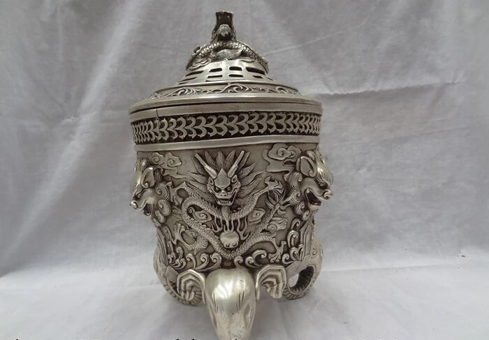 

Collectible bronze S1400 10" Tibet Buddhism Silver Fly Dragon Ball Lion Head Statue Incense Burner Censer B0403