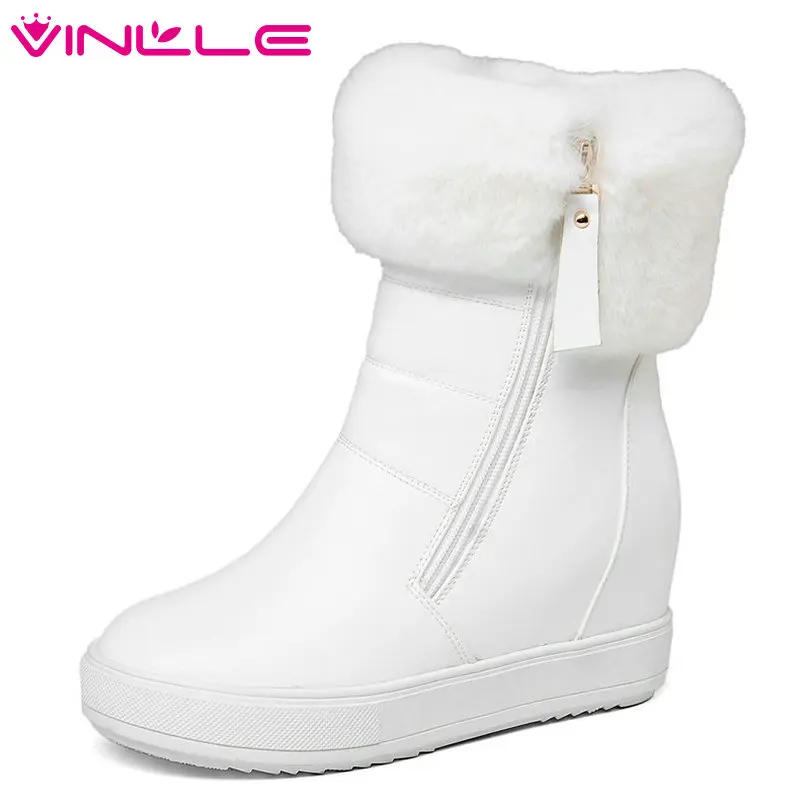 

VINLLE 2018 Women Snow Boots Black Ankle Boots PU leather Keep Warm Wedge High Heel Zipper White Ladies Shoes Size 34-39