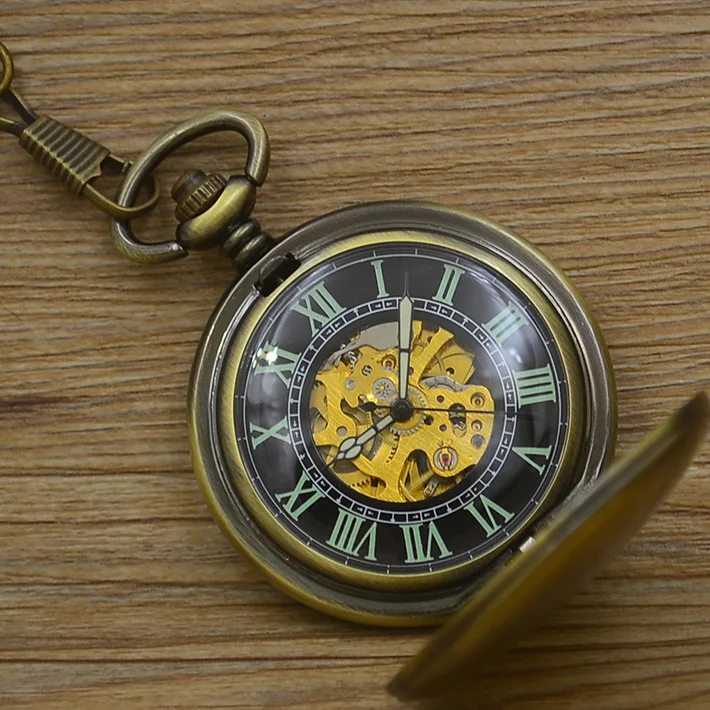 

fashion luminous Mechanical Pocket Watch automatic self wind men roman number vintage retro Stylish bronze fob watches father