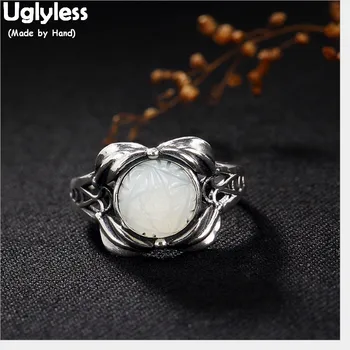 

Uglyless 100% Real 925 Sterling Silver Handmade Leaves Open Rings for Women Natural Jade Flower Ring Thai Silver Fine Jewelry