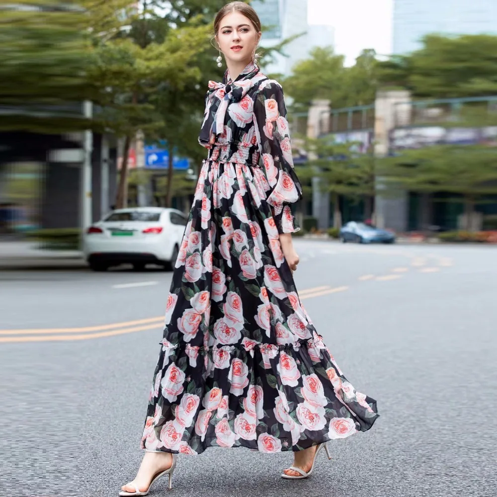 

VERDEJULIAY Party Long Dresses 2019 Summer Fashion Long Sleeve Strecth Bow Rose Romantic Printed Black Bow Elegant Dress Maxi