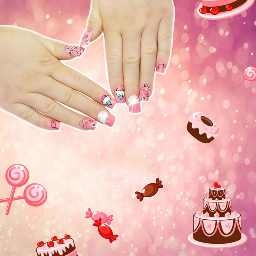 

24pcs Sweet Children Candy Fake Nail Tips Cartoon 2 Full Cover Children Pink Not Hurt Hand Art Nail Tips For Little Girls Gift