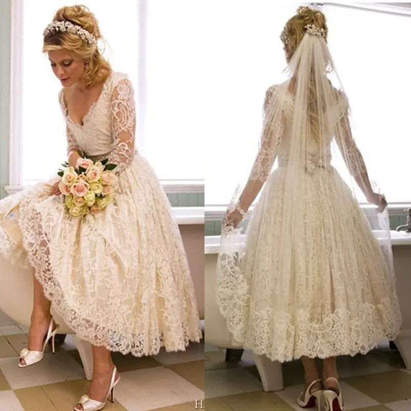 Hot-sale-white-vintage-lace-tea-length-beach-wedding-dress-2015-elegant-long-sleeve-bridal-gowns