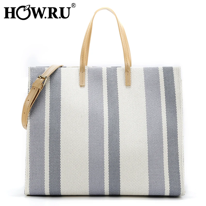 

HOW.R.U Brand Cotton Linen Large Tote Bags for Women High Quality Stripped Crossbody Bags for Women Luxury Handbags Women Bags