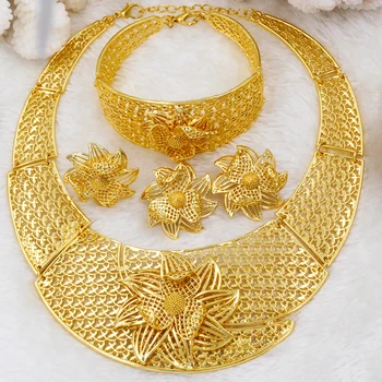 

African Fashion Women 24 Gold Jewelry Sets Flower Shaped Design Necklace Ring Earrings for Women Bridal Wedding Jewelry