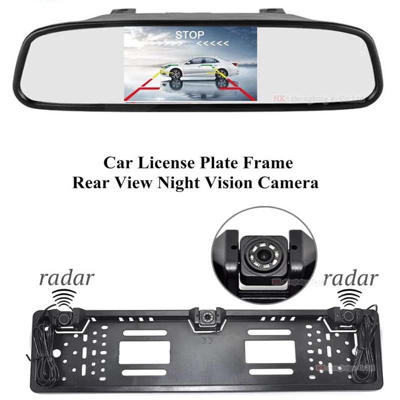 

800x480TFT LCD Monitor Car Rear View System EU Car License Rearview Camera Plate Frame Two Reversing Radar Parking Sensors 3 in1