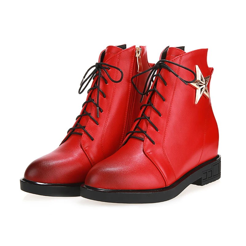 

Chinese street style sexy pointed toe autumn ankle boots metal star zipper lace up red black med heel motorcycle women's boots