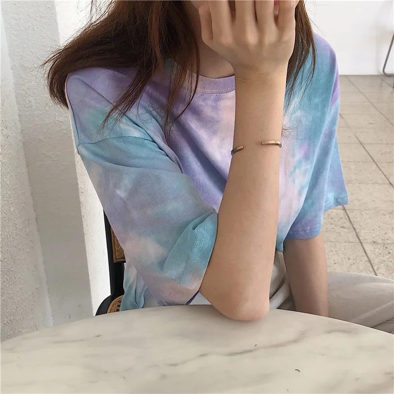 CBAFU tie dye футболка женская летняя топ Корейская одежда Повседневная Свободная футболка femme ulzang топы с принтом Лоскутная футболка D559