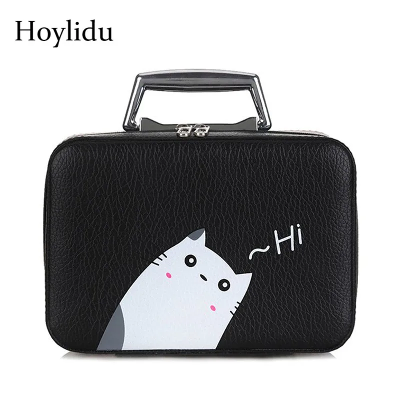 الكرتون لطيف القط حقيبة مستحضرات تجميل النساء بو الجلود المحمولة التجميل أكياس ل صندوق مستحضرات التجميل السفر سيدة حقيبة سفر صغيرة صناديق ح...