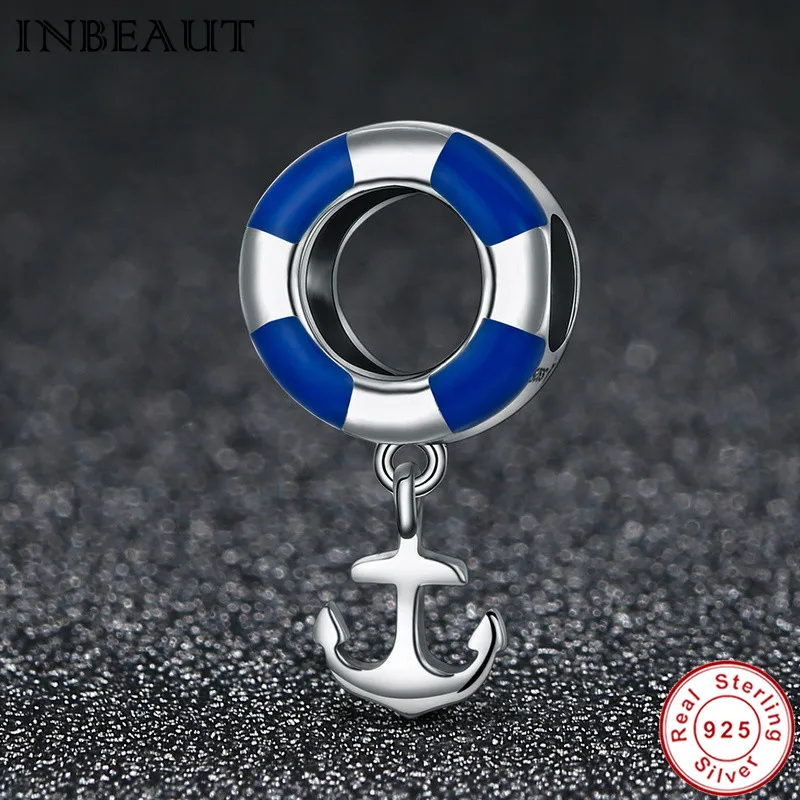 

fit Fashion Bracelet Anchor Charm 925 Sterling Silver Boat Blue Enamel Life Buoy Beads for Bracelets&Bangles Women DIY Jewelry