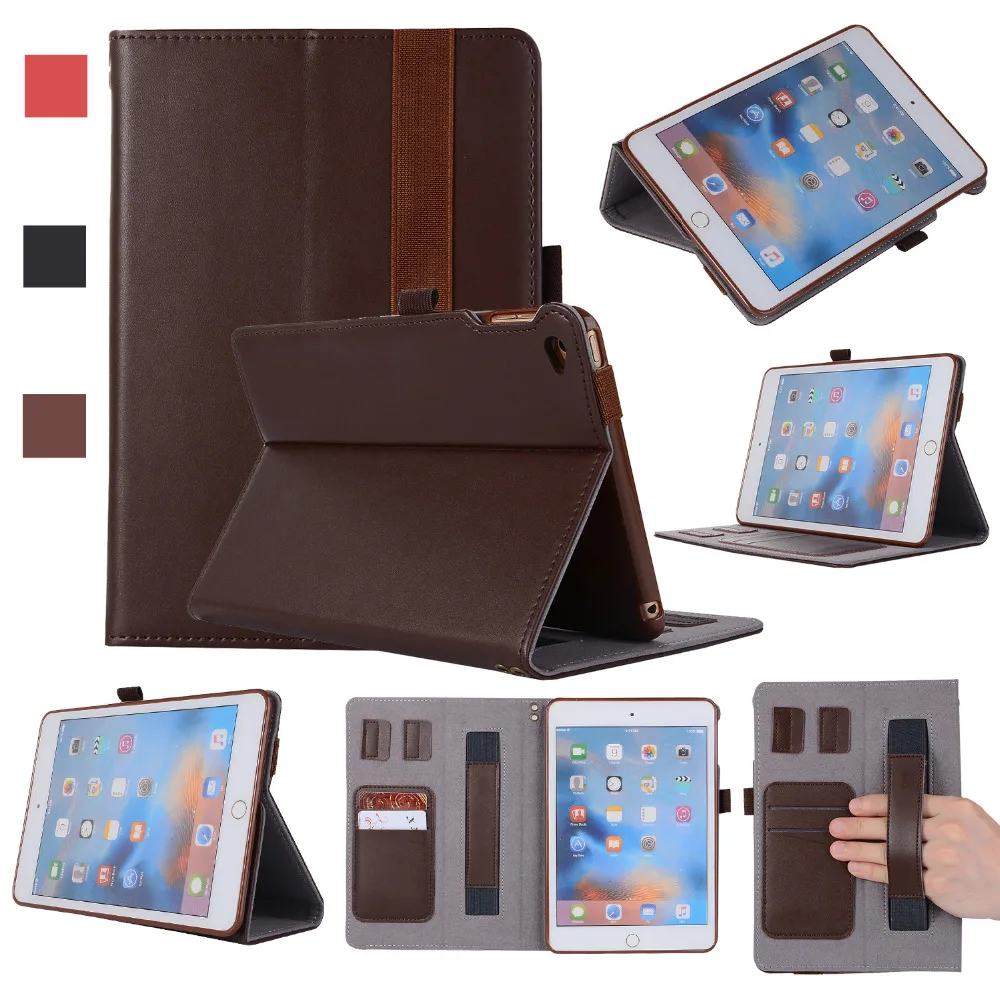 Multi-angle Stand Genuine Leather Magnet Smart Cover Hand Strap Pencil Holder Card Funda Case For Apple iPad Mini 4 iPad Mini4