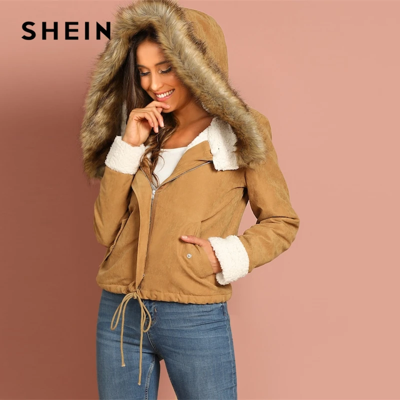 

SHEIN Khaki Casual Drawstring Hem Pocket Faux Fur Zipper Up Hooded Jacket Autumn Thermal Leisure Women Coat And Outerwear
