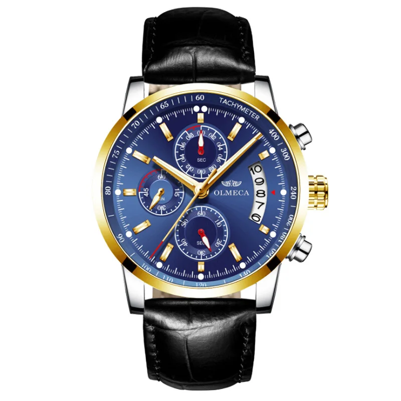 OLMECA Роскошные деловые мужские кварцевые часы светящиеся водонепроницаемые военные спортивные часы мужские наручные часы Relogio Masculino - Цвет: Leather Blue