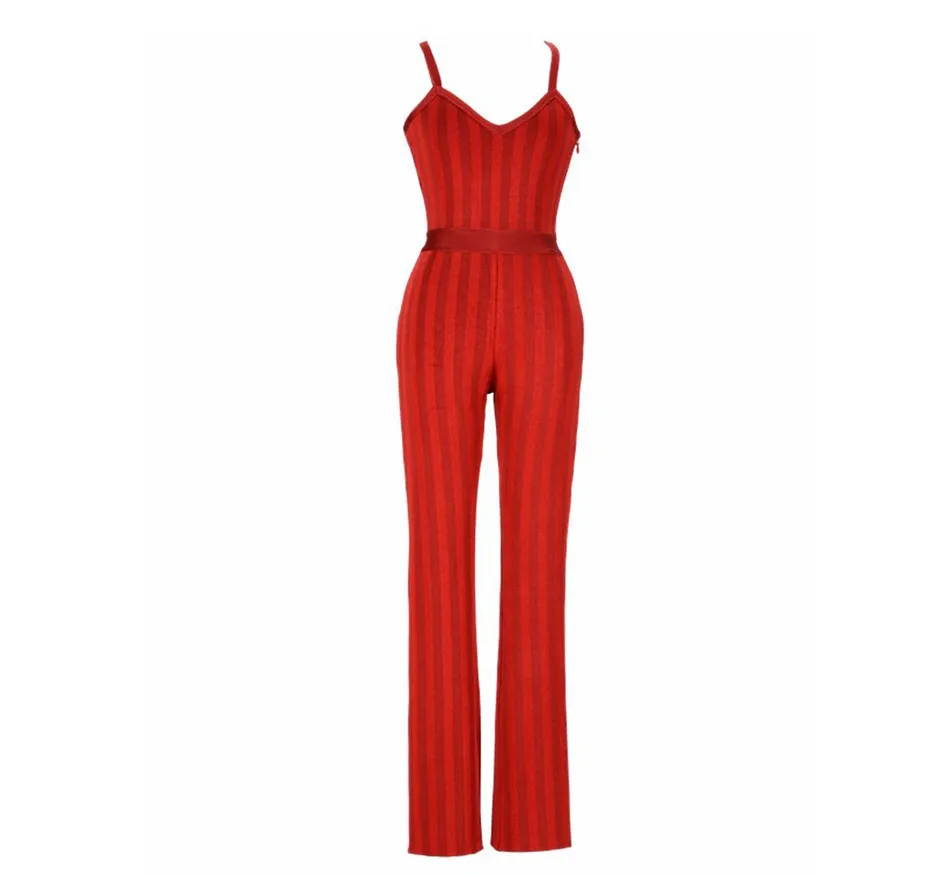 

2018 Newest Autumn Bandage Jumpsuit Women Celebrity Party Red Spaghetti Strap V-Neck Sexy Night Out Runway Bodysuit Women