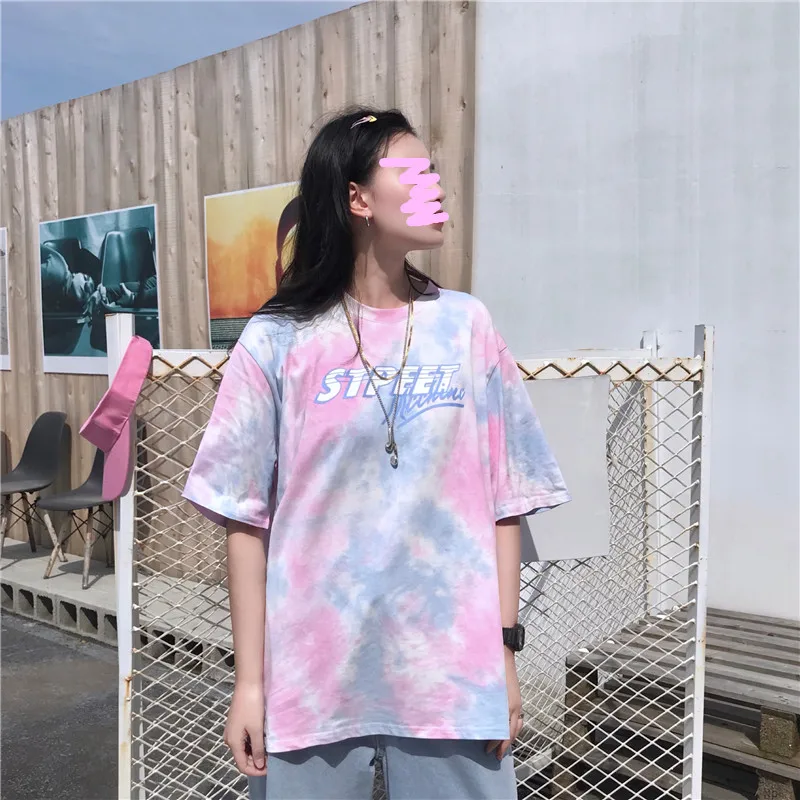 Tie Dye Gradient, большие размеры, свободные, более размера, модные, Harajuku, Женские топы с буквенным принтом, хип-хоп, короткий рукав, повседневная парная футболка