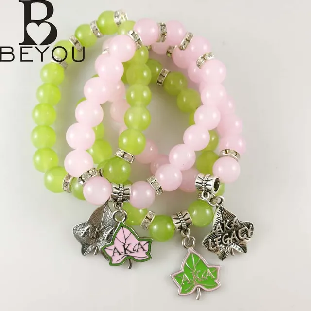 Greek Aka Sorority Pink And Green Gl Bead Elasticity Alpha Greek Aka Sorority Pink And Green Gl Bead Elasticity Alpha Kap Leaf Legacy Bracelet