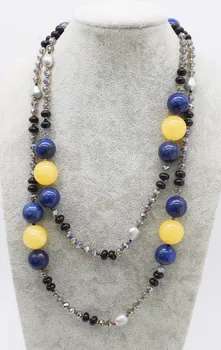 

lapis and yellow jade round and gray baroque freshwater pearl 16mm necklace 45inch FPPJ wholesale beads nature