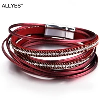 ALLYES Multilayer Leather Bracelets for Women Femme 6 Colors Magnet Clasp Crystal Bohemian Double Wrap Bracelet Jewelry