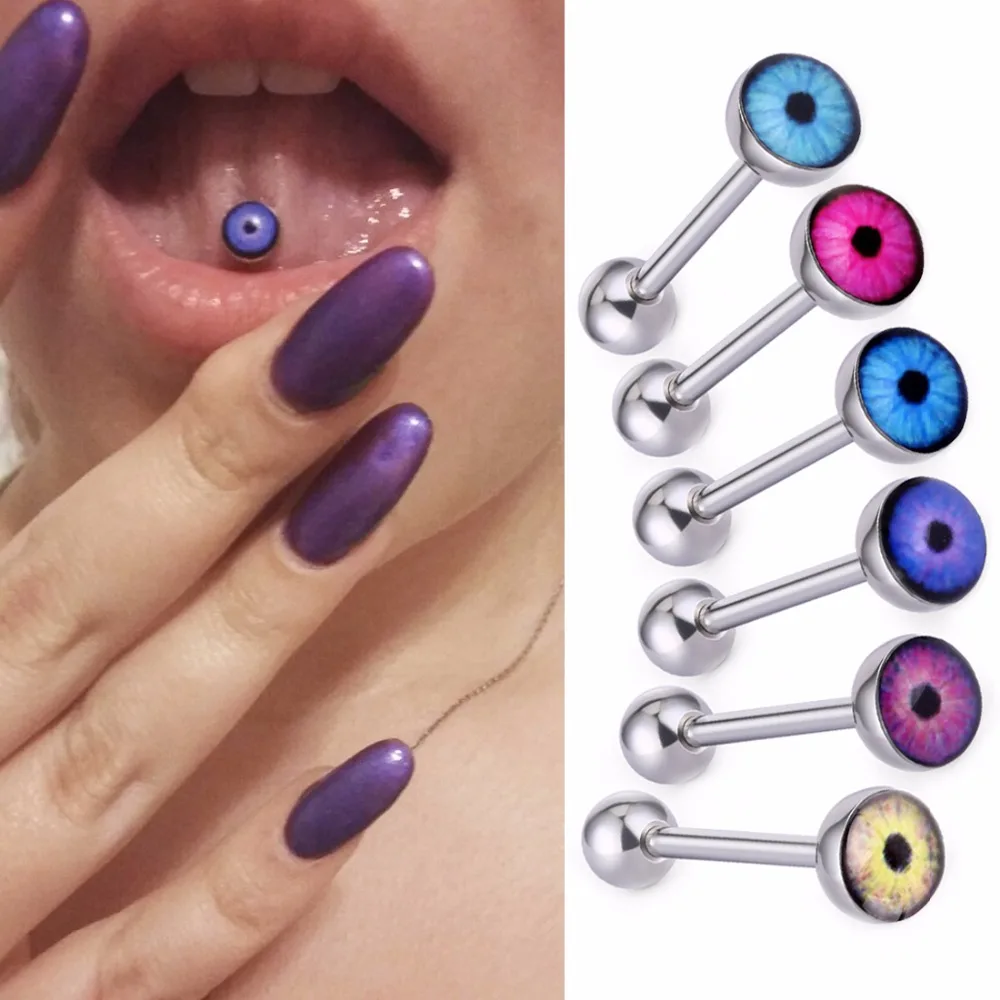 

6pcs/lot Punk Eye Logo Tongue Ring Barbell Ball Stud Bars Hypoallergenic Surgical Steel Tongue Body Piercing 14G Jewelry SD013