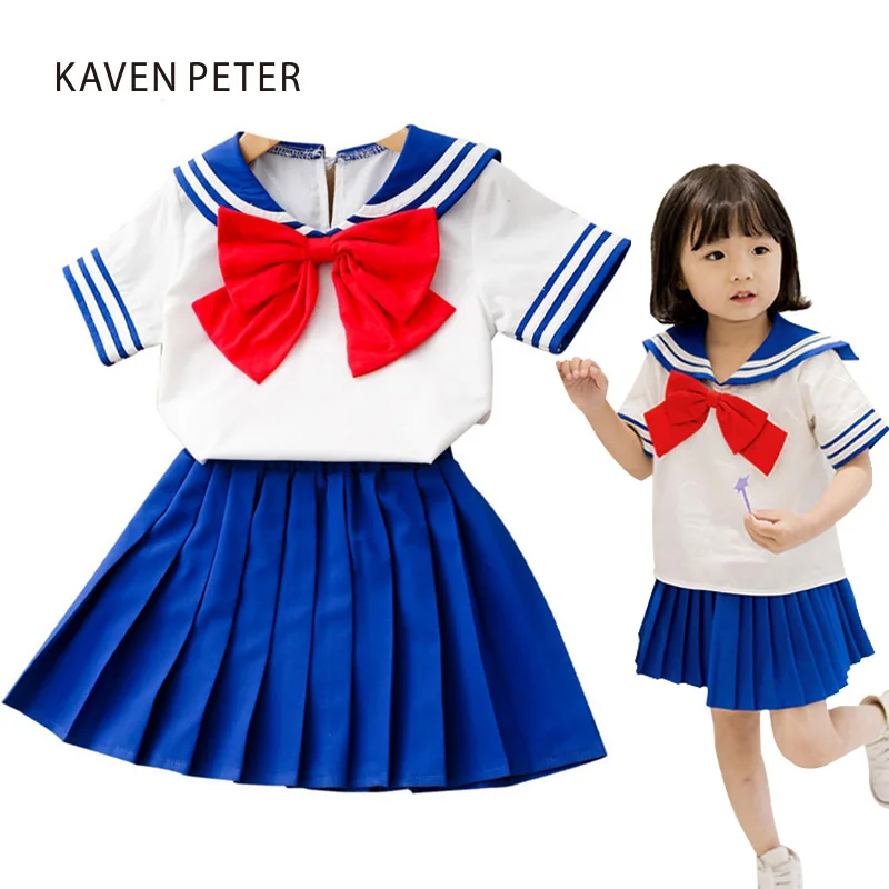 

2018 summer dress for girl Sailor Moon Dress kid school uniforms girl Blouse Sailor collar with Bow tie Pleated skirt blue color