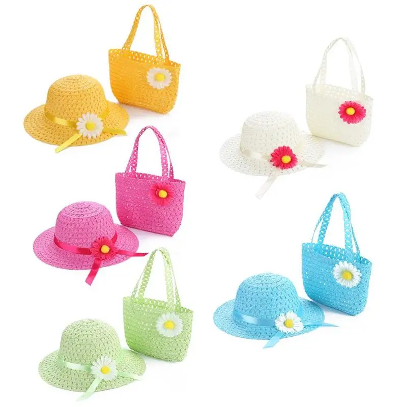 2pcs Summer Sun Hat Girls Kids Straw Cap Beach Hats Flower Decor+Handbag Set