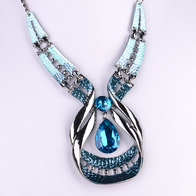 Austrian Crystal Jewelry Sets Fashion Blue Choker Collar Necklace dangle earring Jewellery Silver Plated Bridal Wedding Jewelry