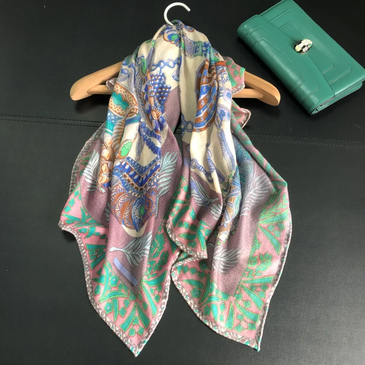

2019 New Women Scarf 300s Pure Cashmere Green Floral Female Spring Soft Warm Shawls Wraps Handmade Hemming 90*90cm