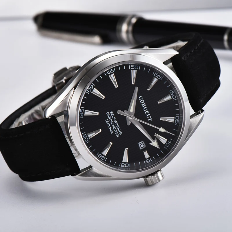  Corgeut 41mm Mens Automatic Watch Black Dial Sapphire Glass Mechanical Clock Silvery Marks Miyota M