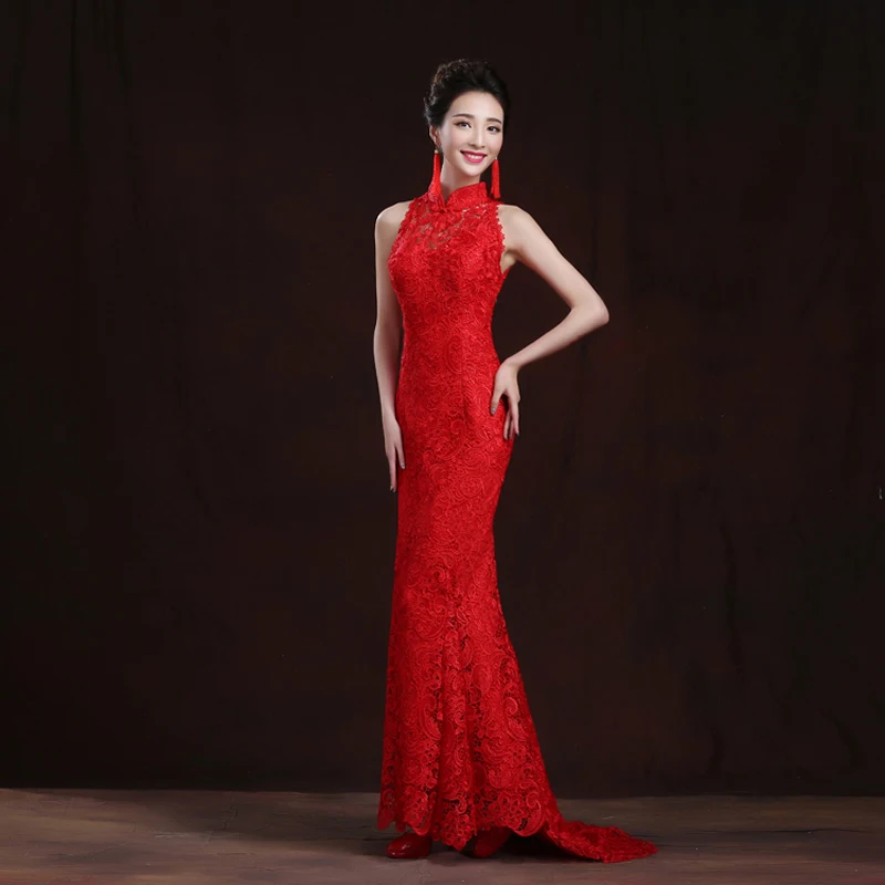 

Free Shipping 2016 Red Lace Trailing Evening Dress Chinese Bride Wedding Qipao Long Cheongsams Traditional Qi Pao Vestidos