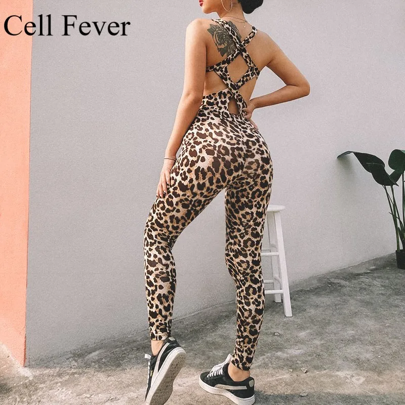 

Fitness Sport Suit Women Tracksuit Yoga Set Backless Gym Running Sportswear Leggings Tight Leopard Jumpsuits Workout Clothes