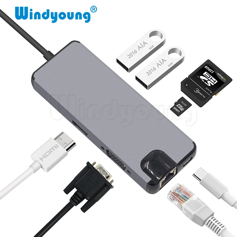 8 in 1 Type C Hub To HDMI 4K Video RJ45 Gigabit Ethernet VGA Adapter USB-C hub SD TF Card Reader for Macbook Pro huawei p20 pro 8 in 1 Type C Hub To HDMI 4K Video RJ45 Gigabit Ethernet VGA Adapter USB-C hub SD TF Card Reader for Macbook Pro huawei p20 pro