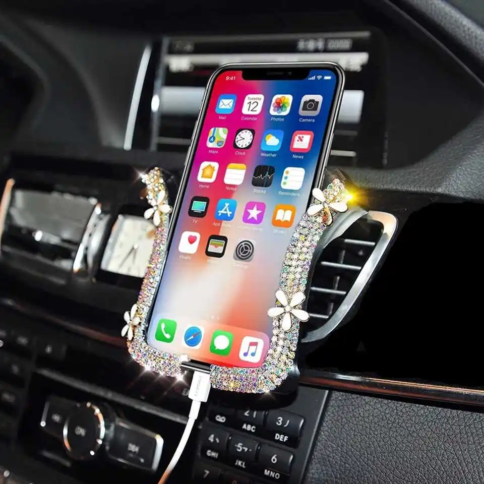 Kopen 1 stuk Auto Telefoon Houder Stander Strass Ornament Vent Mounts Houder U Vorm Anti slip Luxe Diamant