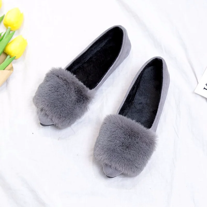 

2018 Women Shoes Flats Female Shoes Slip on Rabbit Fur Autumn Winter Casual Loafers Flock Short Plush Plus 35-40 Black Gray