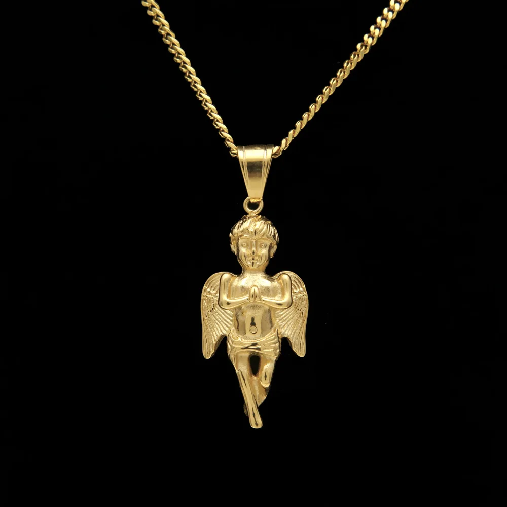 Нержавеющая сталь 316 L мужское золотое ожерелье в стиле хип-хоп с кулоном в виде ангела с кулоном 60 см, кубинская цепочка, ожерелья для мужчин, ювелирные изделия