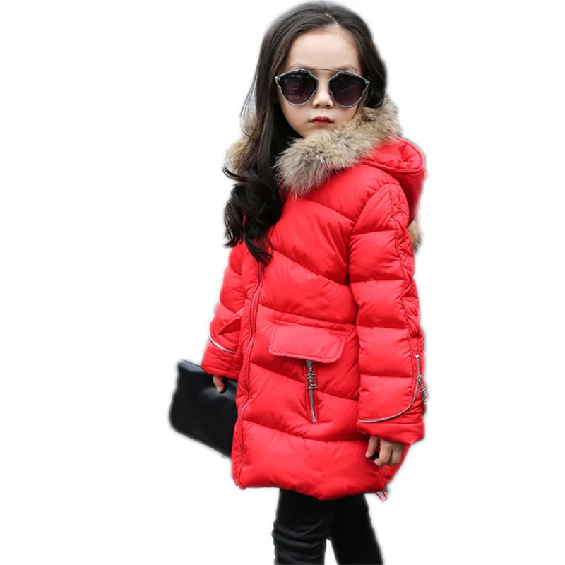 Детские зимние куртки для девочек 2016 года Новинка зима средние длинные пуховики для девочек куртки утепленные теплые с капюшоном пуховая