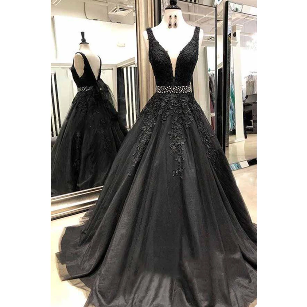 

V Neck Prom Dresses Floor Length V Open Back Applique Tulle Evening Formal Party Dress with Beading Belt Vestido De Fiesta