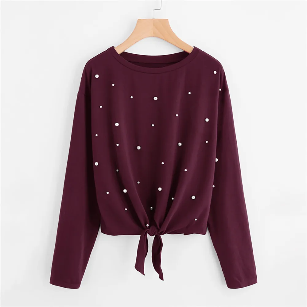 

Chiffon Blouse 2019 Women Casual Solid Beading Knot Front Tops Long Sleeve Shirt O-Neck Blouse Blusas Chemise Femme