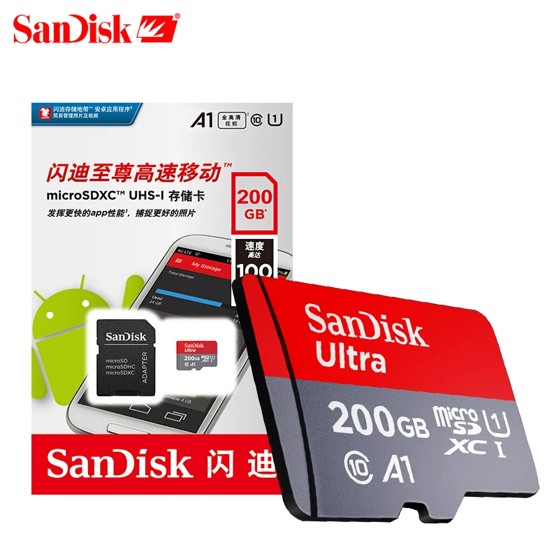 SanDisk microSD карты 256 г 200 ГБ 128 Гб 64 Гб 100 МБ/с. слот для карт памяти SD/TF флеш-карта Class10 32 Гб оперативной памяти, 16 Гб встроенной памяти microSD для планшета/смартфона