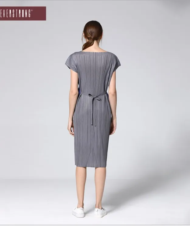 Miyake Fold печать o-образным вырезом короткий рукав Модное кружевное прямое платье доступно