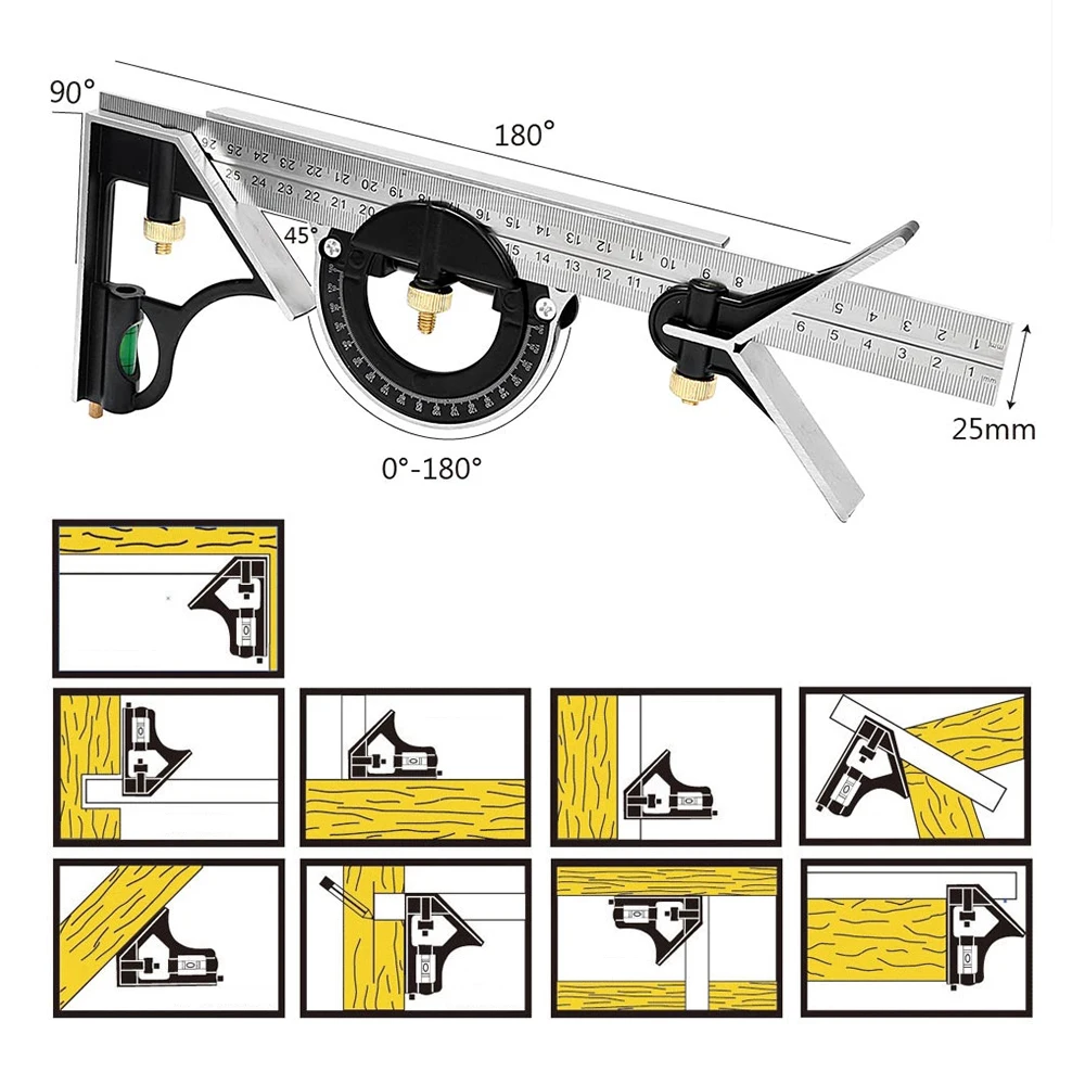 DIYWORK 3 в 1 угловая линейка 300 мм/1" Мульти комбинированный проверочный УГОЛЬНИК Измерительный набор Инструменты угловой искатель транспортир