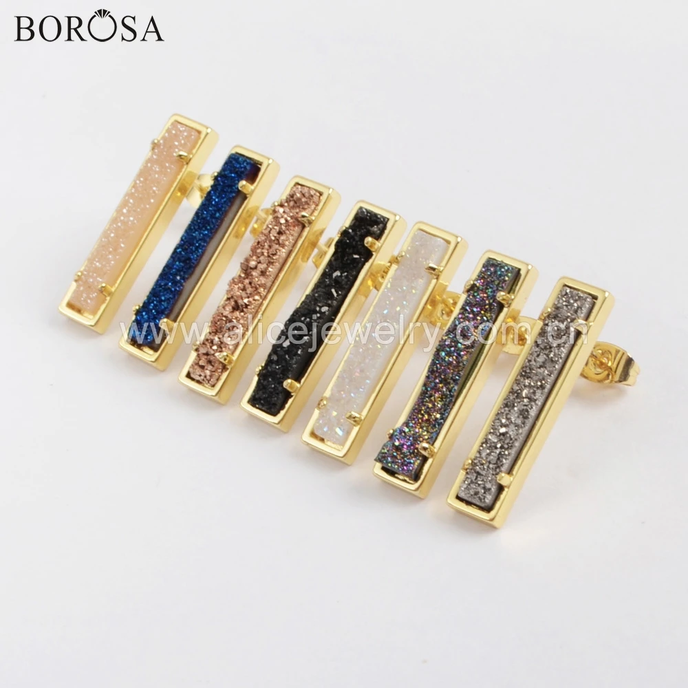 

BOROSA 3 Pairs New Arrival Gold Claw Rectangle Natural Agates Titanium Rainbow Druzy Stud Earrings Fashion Jewelry ZG0409