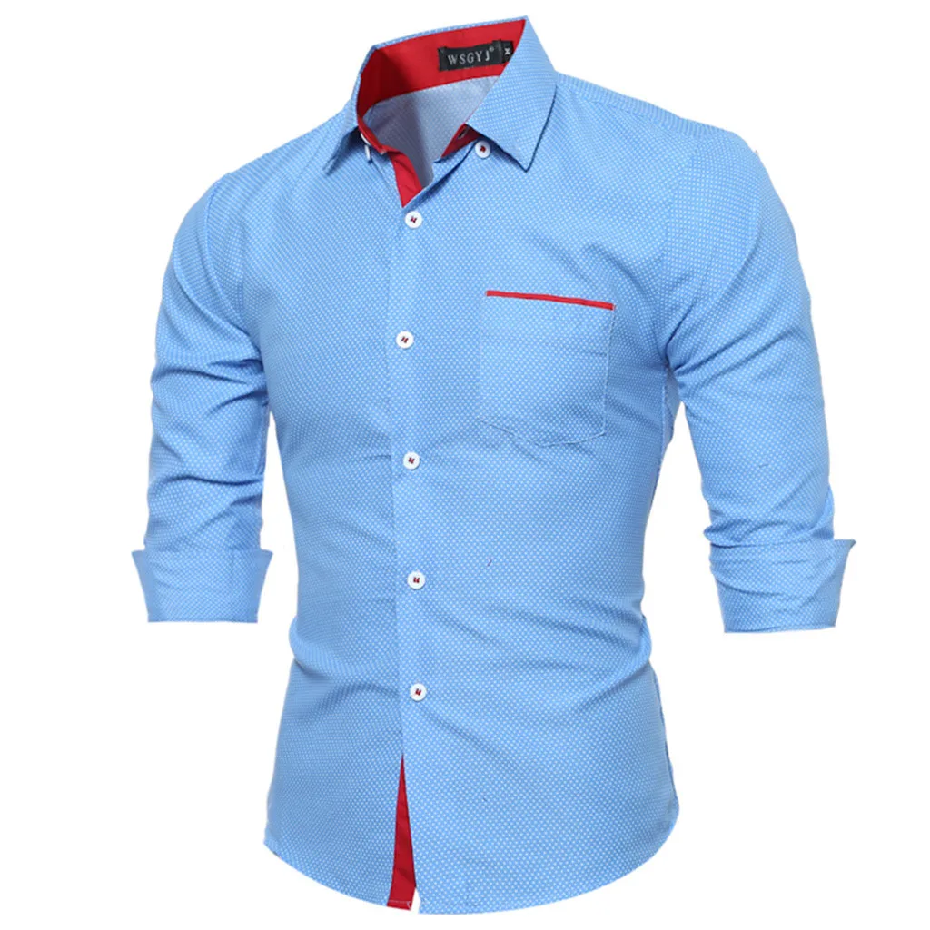 Мужская одежда, рубашки с длинным рукавом, модная блузка, топы, camisa masculina, мужские рубашки, облегающие, в горошек, d90622