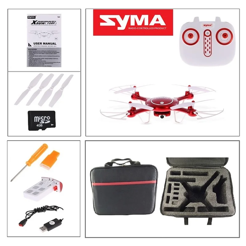 

Syma X5UW 720P 2MP HD Camera 4GB Card WIFI FPV RC Drone Altitude Hold Headless Mode RC Quadcopter with Outdoor Carry Bag