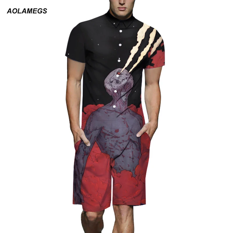 

Aolamegs Men Print Coverall T Shirt Men's Leisure Tee Shirts Shorts T Shirt Short Sleeve Fashion High Street Tops Streetwear