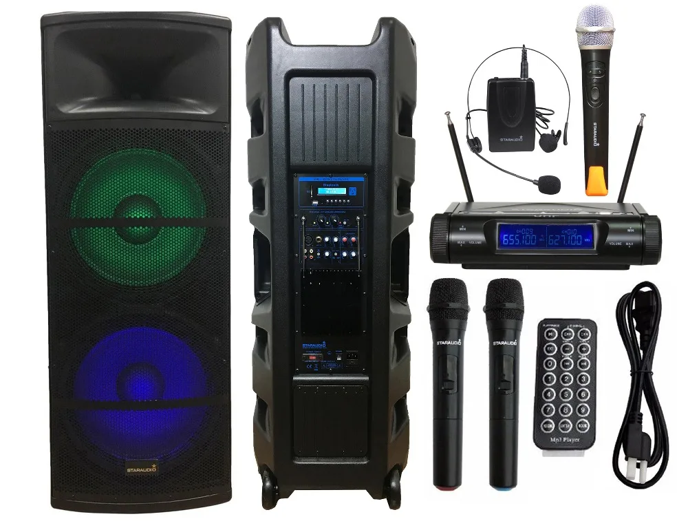 15 inch powered speaker 2 channel mic set 